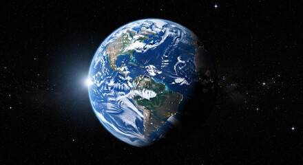 Photo of the earth clearly completely round completely in outer space with a busy galaxy background of lights and stars colored blue yellow orange and other galaxy decorations