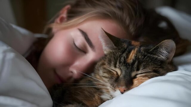 A woman sleeping with a calico cat cuddled beside her in bed.