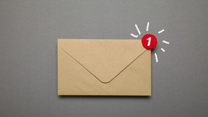 Brown envelope with a notification icon displaying "1", symbolizing new message alerts or notifications for email, communication, and messaging concepts