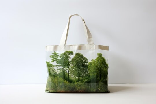 Transparent reusable shopping bag featuring a vibrant forest print, symbolizing environmental consciousness