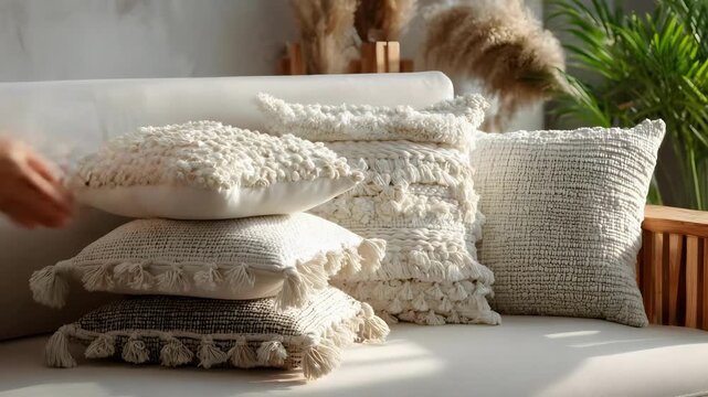 A person stacks and arranges fluffy, textured throw blankets and cushions on a sofa.