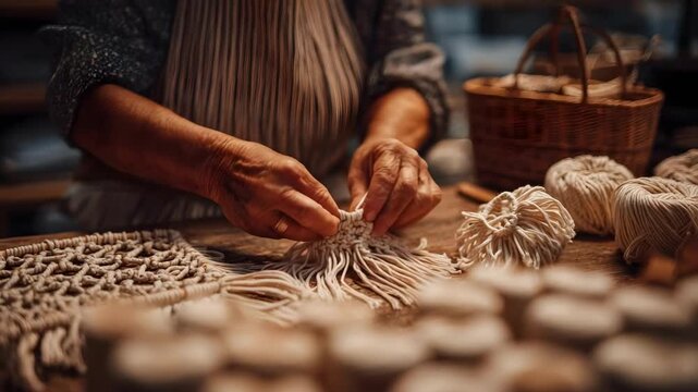 Hands knotting cord tassels for a macrame project on a craft table.