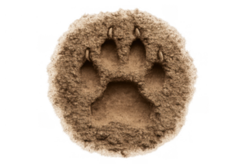Paw print impression showing animal track on soil with claws, design element on transparent background