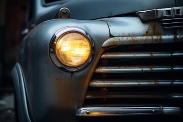 Illuminated headlight of an old, rusty truck evokes nostalgia and a sense of history