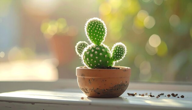 A small cactus sits in a clay pot on a windowsill, backlit by bright