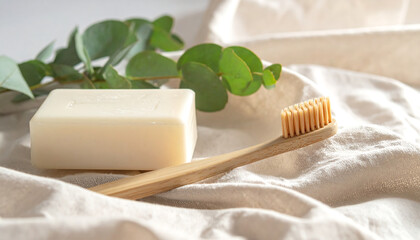 Wooden toothbrush and natural soap placed on linen fabric under soft daylight. A minimal eco-friendly hygiene concept