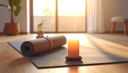 Rolled yoga mat beside a burning candle in a peaceful home interior. Symbol of relaxation, wellness, and balance