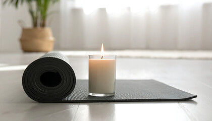 Rolled yoga mat beside a burning candle in a peaceful home interior. Symbol of relaxation, wellness, and balance