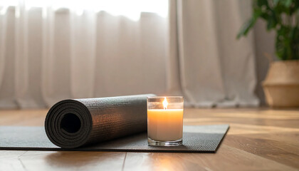 Rolled yoga mat beside a burning candle in a peaceful home interior. Symbol of relaxation, wellness, and balance