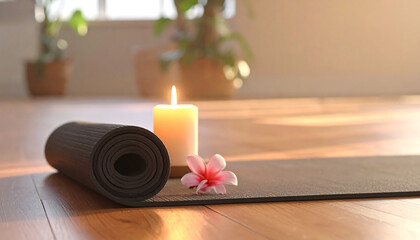 Rolled yoga mat beside a burning candle in a peaceful home interior. Symbol of relaxation, wellness, and balance