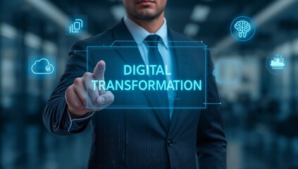 Modern businessman touching digital transformation interface, visualizing strategy and innovation for success, cloud computing and technology solutions