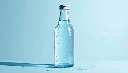 Glass bottle of cold water with condensation drops on pastel background. A clean, minimal concept representing purity, hydration, and health