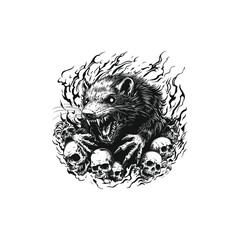 Obraz premium Stylized vector illustration of an aggressive rat standing on a pile of human skulls, surrounded by dark flames or energy, perfect for gothic and horror themes.
