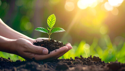 Hands gently holding a small green plant growing in soil, symbolizing sustainability, care, and hope for the future