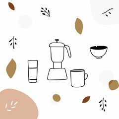 Minimalistic illustration of kitchen utensils including a blender and cups