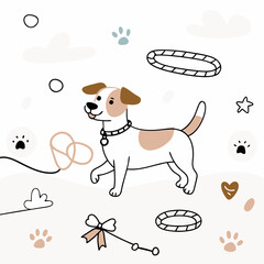 Playful dog training illustration with fun elements and accessories