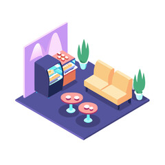 Isometric coffee break station with seating area and snack vending machine