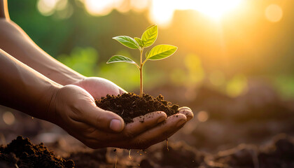 Hands gently holding a small green plant growing in soil, symbolizing sustainability, care, and hope for the future