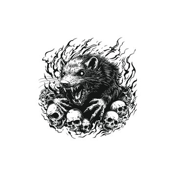 Stylized vector illustration of an aggressive rat standing on a pile of human skulls, surrounded by dark flames or energy, perfect for gothic and horror themes.