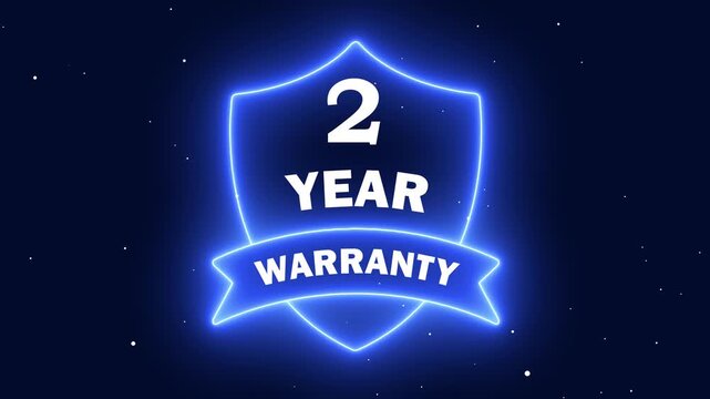 Neon blue glowing shield badge with 2 year warranty text on dark blue starry background, vector illustration