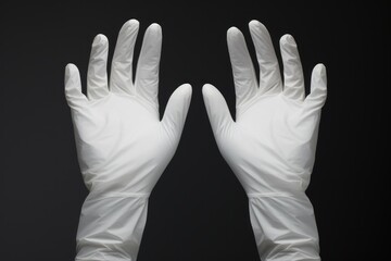 White medical latex gloves on dark background, suggesting doctor, nurse, or surgeon preparing for operation