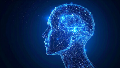 Glowing blue neural network lines forming a human head silhouette on dark background, symbolizing artificial intelligence and data thinking