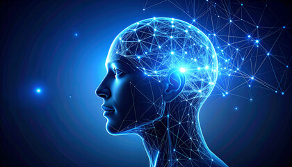 Glowing blue neural network lines forming a human head silhouette on dark background, symbolizing artificial intelligence and data thinking