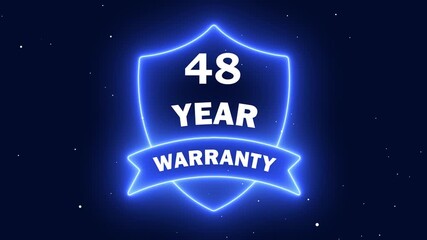 48 year warranty shield badge with neon blue glow on dark blue background with stars