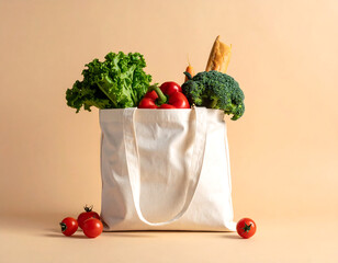 Reusable cotton bag filled with fresh vegetables on a beige background. Minimalistic composition symbolizing sustainability, natural lifestyle, and eco-conscious choices.