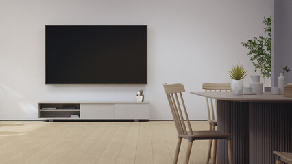 3d rendering of smart tv mockup in minimalist living room with dining table and white beige media console. Clean bright wall shows copy space on blank screen for place your design.