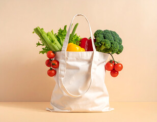 Reusable cotton bag filled with fresh vegetables on a beige background. Minimalistic composition symbolizing sustainability, natural lifestyle, and eco-conscious choices.