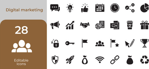 Collection of digital marketing icons representing various business concepts and strategies