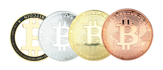 Concept with Bitcoin cryptocurrency coins, isolated on a transparent background