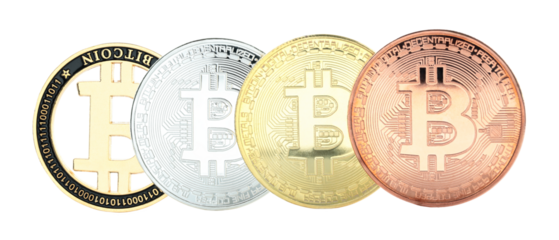 Concept with Bitcoin cryptocurrency coins, isolated on a transparent background