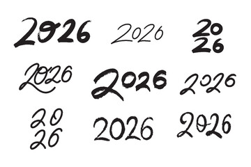 Hand drawn collection of handwritten 2026 number. Vector doodle set of 2026 Happy New Year symbols