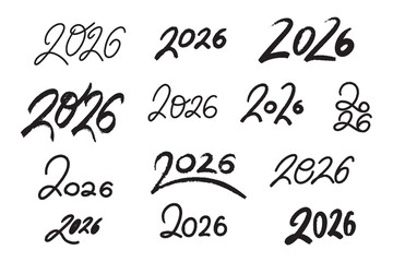 Hand drawn collection of handwritten 2026 number. Vector doodle set of 2026 Happy New Year symbols