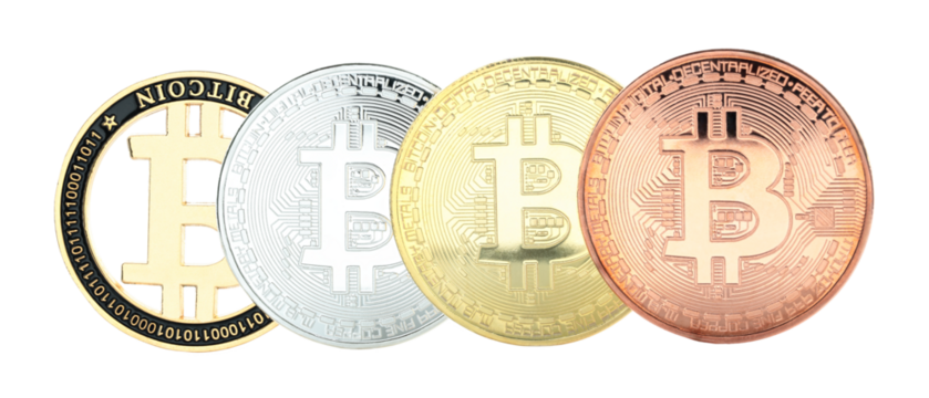 Concept with Bitcoin cryptocurrency coins, isolated on a transparent background