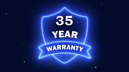 Neon glowing shield emblem with 35 year warranty text, blue light effect on dark starry background