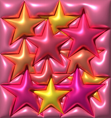 Obraz premium A background featuring a pattern of glossy, raised stars in shades of fuchsia and gold, embedded in a soft, hot pink surface. 3D rendering illustration