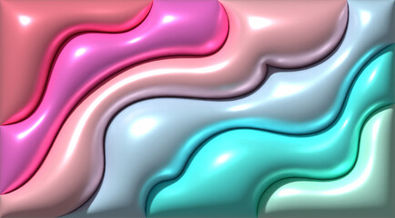 Wavy glossy stripes in pastel shades of pink, fuchsia, light blue and green, 3D rendering illustration