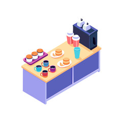 Isometric coffee break station with snacks and beverages for gatherings