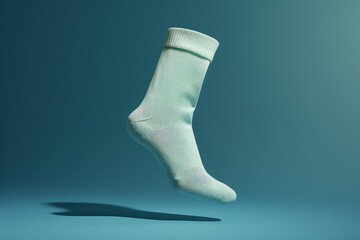 Studio shot of a light green sock floating on a turquoise background, casting a shadow