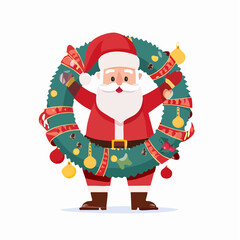 Cheerful Santa Claus Holding Festive Christmas Wreath Vector