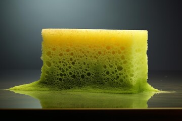Yellow and green cleaning sponge melting on a reflective surface, creating a puddle, against a dark background