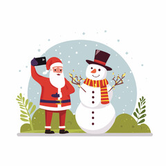 Modern Santa Claus Taking Selfie with Festive Snowman and Christmas Lights