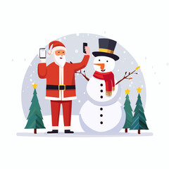 Modern Santa Claus Taking Selfie with Snowman Christmas Illustration