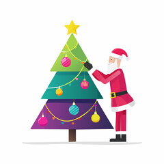 Modern Santa Claus Decorating Geometric Christmas Tree with Festive Ornaments