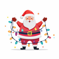 Cheerful Santa Claus Comically Tangled in Vibrant Christmas Fairy Lights
