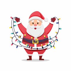 Funny Santa Claus Tangled in Colorful Christmas Fairy Lights Vector Illustration