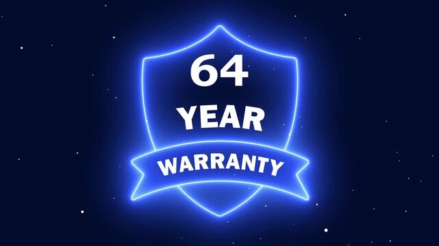 animated neon emblem showing 64 years. long term product security symbol. blue light protection shield with warranty text.